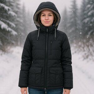Eddie Bauer Women’s XS Black Down Jacket with Faux Fur Hood